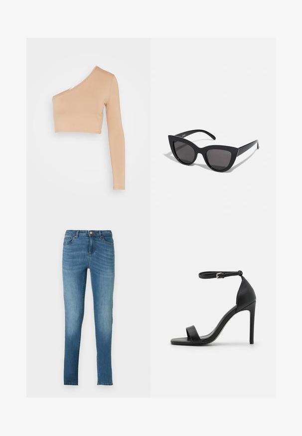 WAL G. MILLY ONE SLEEVE CROP - Langærmet T-shirt - camel; Tætsiddende jeans lavet af lysblå denim med en falmet effekt, fem lommer, metalknaplukning og subtile syninger. Lige ben.; Sort højhælet sandal med et sleek design, der har en ankelrem, åben tå og glat lædertekstur.; Sorte cat-eye solbriller med mat finish, der har grå tonede linser, skarpe vinkler og slanke sidearme. Mærkenavnet er synligt på den indre arm.