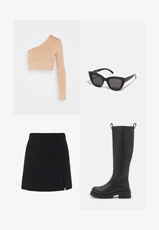 WAL G. MILLY ONE SLEEVE CROP - Top s dlhým rukávom - camel; Čierna mini sukňa áčkového strihu s vysokým pásom a malým rozparkom vpredu na pravej strane.; Čierne čižmy po kolená vyrobené z hladkej kože s robustnou podrážkou a miernym podpätkom. Obsahujú úchytky a elastické bočné panely pre jednoduché obúvanie.; Čierne slnečné okuliare v štýle mačacích očí s matným povrchom, so šedými tónovanými sklami, ostrými hranami a elegantnými bokovými ramenami. Názov značky je viditeľný na vnútornom ramene.