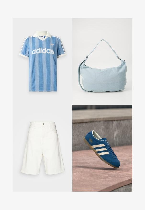 Polo à manches courtes bleu clair avec des rayures verticales, des accents blancs et un logo "adidas" blanc proéminent à l'avant.; Shorts en denim blanc taille haute, dotés d'une fermeture à boutons à l'avant, de deux poches latérales et d'une coupe décontractée. Texture lisse sans motifs visibles.; Baskets en daim bleu avec bandes et lacets crème, semelle en caoutchouc naturel, surface texturée, bout arrondi et logo sur le côté.; Sac à dos en denim bleu clair de forme arrondie, avec une bandoulière ajustable et un subtil détail de couture le long du bas. Texture douce.