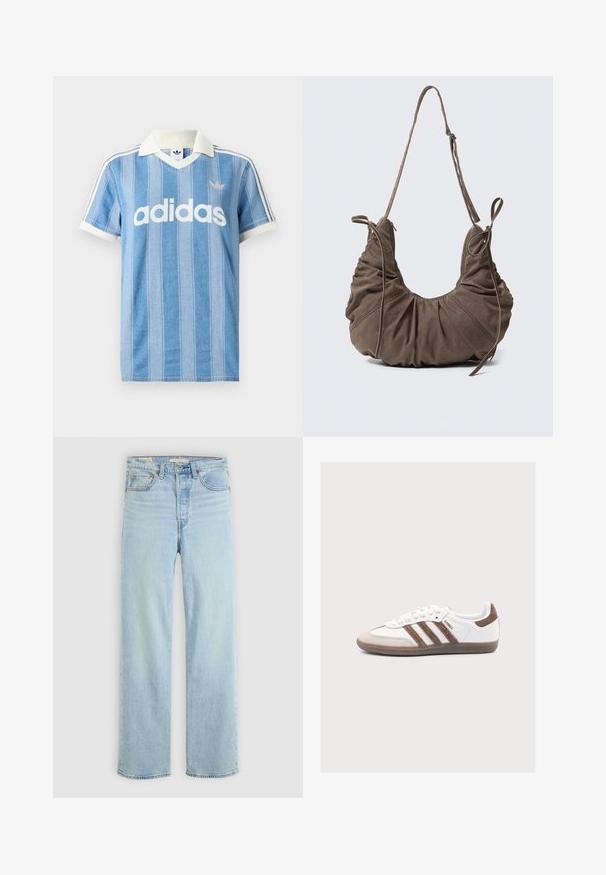 Polo de manga corta azul claro con rayas verticales, detalles en blanco y prominente logo blanco de "adidas" en el frente.; Jeans de denim azul claro con corte recto, que cuentan con cinco bolsillos, un cierre de cremallera clásico y costuras visibles.; Zapatilla blanca Adidas Samba con franjas de ante marrón, puntera de ante marrón y suela de goma sobre un fondo gris claro.; Bolso bandolera de ante marrón con detalles fruncidos, correa ajustable y lazos decorativos laterales, mostrado sobre un fondo neutro.