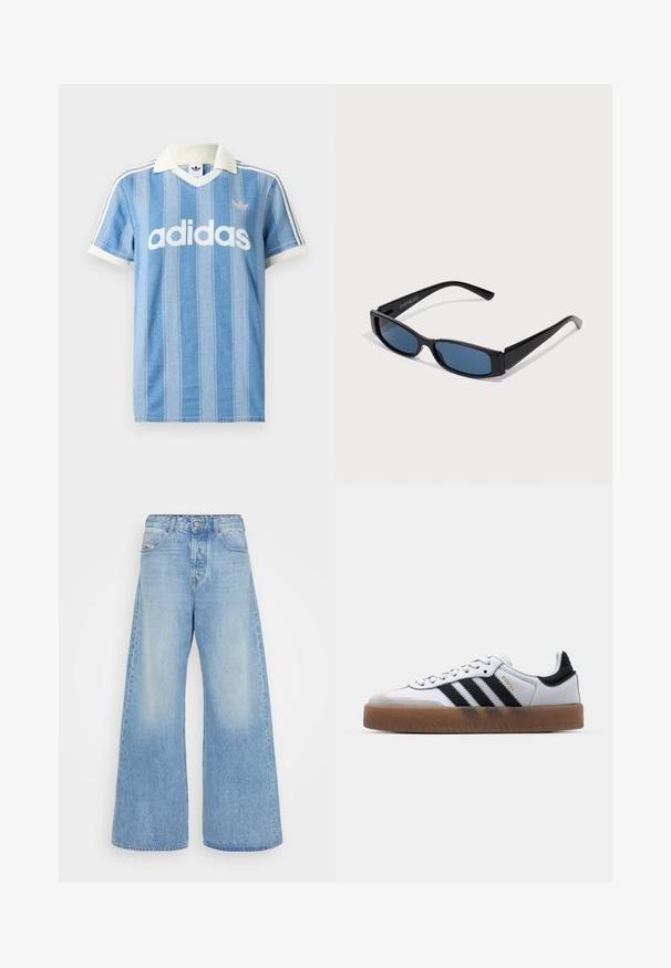 Svetlomodré polokošeľa s krátkym rukávom s vertikálnymi pruhmi, bielymi akcentmi a výrazným bielym logom „adidas“ na prednej strane.; Svetlomodré široké džínsy vyrobené z denimu. Obsahujú klasický dizajn s piatimi vreckami, zapínanie na gombík a zosvetlené oblasti pre vintage vzhľad.; Biele kožené tenisky s čiernymi pruhmi, gumová podrážka, okrúhla špička, šnurovanie a mäkký sivý semišový špička.; Čierne slnečné okuliare s elegantným obdĺžnikovým rámom a modrými sklami. Majú hladký povrch a robustné ramienka. Na strane je logo značky.