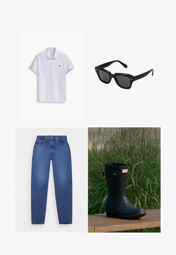 Biele polo tričko vyrobené z bavlny, s klasickým golierom, trojica gombíkov a malým červeným logom Levi's na ľavej hrudi.; Modré denimové nohavice so strihom rovného nohu, piatimi vreckami, medenými nitmi a vyblednutou textúrou. Klasický pás s uzáverom na zips.; Čierne gumové dažďové topánky s lesklým povrchom, s povrchovou úpravou strieborného spony a logom na výklopnom prstenci. Sól je štruktúrovaná pre lepšiu priľnavosť.; Čierne slnečné okuliare štvorcového tvaru s tmavozelenými sklami, s výraznými rámami a striebornými akcentmi po stranách. Vyrobené v Taliansku.