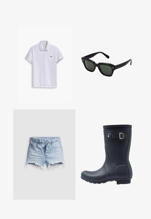 Witte polo shirt van katoen, met een klassieke kraag, een drie-knopen sluiting en een klein rood Levi's-logo op de linkerborst.; Lichtblauwe denim short met afgeknipte pijpen en rafelige zoom, vijf zakken en een knoopsluiting. De stof is zacht en heeft een licht versleten uitstraling.; Zwarte rubberen regenlaars met een ronde neus, textuurzool en verstelbaar riempje. Gladde oppervlakte met een matte afwerking.; Zwarte vierkante zonnebril met donker groene lenzen, uitgerust met gedurfde monturen en zilveren accenten aan de zijkanten. Gemaakt in Italië.