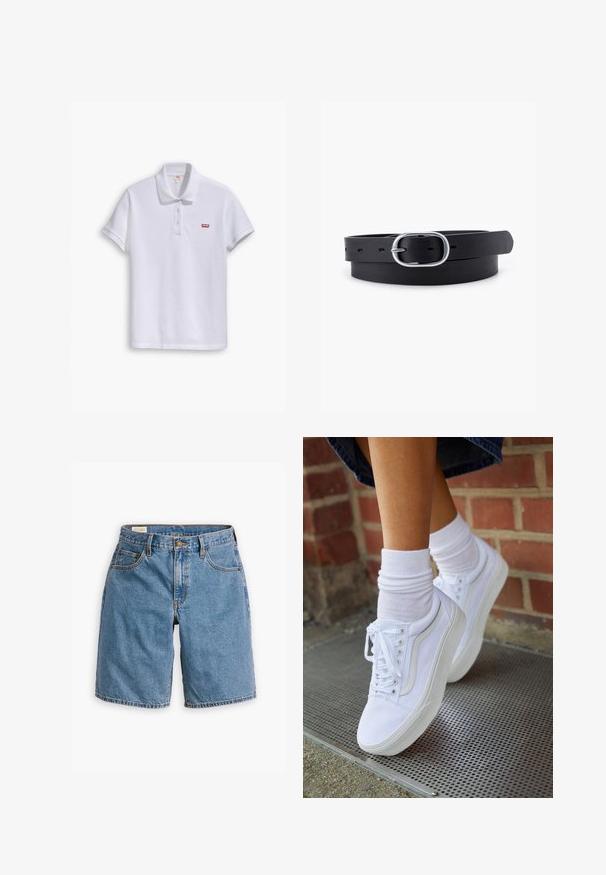 Biele polo tričko vyrobené z bavlny, s klasickým golierom, trojica gombíkov a malým červeným logom Levi's na ľavej hrudi.; Modré denimové šortky s klasickým dizajnom piatich vreciek, so zipsom a gombíkovým zapínaním a rozstrapkanými okrajmi.; Biele plátené tenisky s gumovou podrážkou, s piatimi dierkami na šnúrky, okrúhlou špičkou a svetlými švami, doplnené o biele členkové ponožky.; Čierny kožený opasok s hladkým povrchom, oválnou striebornou kovovou prackou a viacerými nastavovacími otvormi pozdĺž pásu. Plochý, minimalistický dizajn.