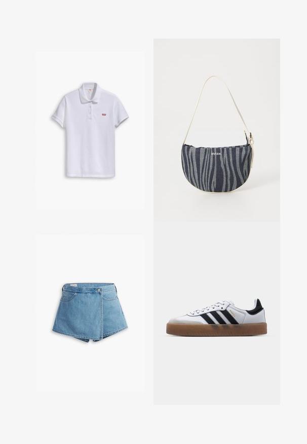 Valge puuvillane polo särk, millel on klassikaline krae, kolm nööpi ja vasakul rinnal väike punane Levi'si logo.; Heledad lühikesed teksad helesinises toonis, millel on ümber kerimine, esikotid ning metallnööbiga sulgur. Sile tekstuur ja õmmeldud servad.; Valged nahast tossud mustade triipudega, kummist välistald, ümmargune nina, seotud sulgemine ja pehme hall suede ninaosa.; Denimist käekott, millel on kaarjas kuju, sinise ja helesinise tigerinäo mustriga, valge rihm ja brändilogo silmatorkavalt esitatud.