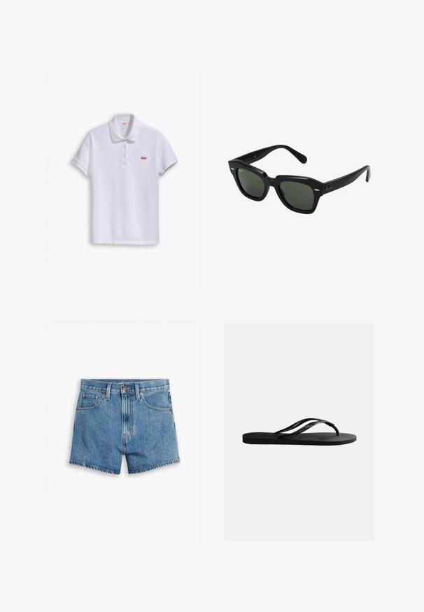 Valge puuvillane polo särk, millel on klassikaline krae, kolm nööpi ja vasakul rinnal väike punane Levi'si logo.; Heledad teksapüksid helesinisena, millel on viis taskut, tõmblukk ja nööpkinnitus. Varrukad on lõdvenenud ja servad on kulunud.; Mustast kummist plätu sandaal tekstureeritud tallapadjaga ja õhukeste Y-kujuliste rihmadega valgel taustal.; Mustad mustad päikeseprillid tumeroheline läätsedega, julgete raamide ja hõbedaste aksessuaaridega külgedel. Valmistatud Itaalias.