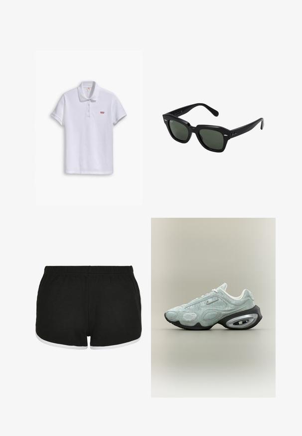Polo shirt blanc en coton, avec un col classique, une patte de boutonnage à trois boutons et un petit logo rouge Levi's sur la poitrine gauche.; Shorts de sport noirs en tissu texturé, avec une bordure blanche le long des ouvertures des jambes et une taille élastique pour le confort.; Basket Nike gris clair avec une semelle intermédiaire air-coussinée noire et argentée, tige texturée et petit logo Swoosh argenté sur le côté.; Lunettes de soleil carrées noires avec des verres vert foncé, présentant des montures audacieuses et des accents argentés sur les côtés. Fabriquées en Italie.