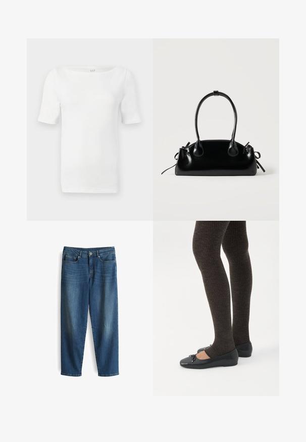 Weißes Kurzarm-Strickoberteil mit Bootsausschnitt, figurbetonter Silhouette und weichem Stoff der Marke GAP.; Jeans aus Denim in Mittblau mit entspannter Passform. Verfügt über fünf Taschen, einen Knopfverschluss und leichtes Ausbleichen in der Nähe der Knie.; Beine in dunklen, gerippten Leggings kombiniert mit schwarzen Ballerinas mit kleinen Schleifendetails auf weißem Hintergrund.; Kleine schwarze glänzende Handtasche mit zwei langen Griffen und seitlichen Kordelzug-Details vor einfachem hellem Hintergrund.