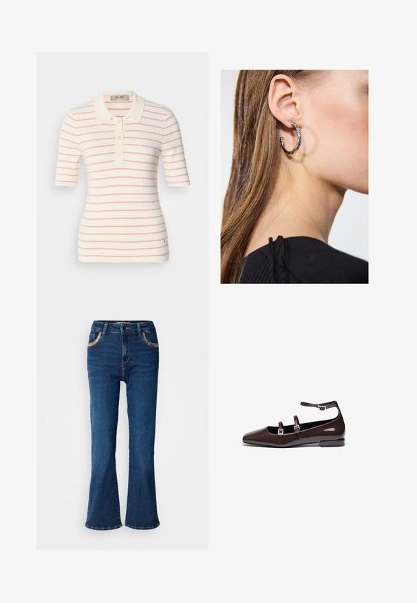 Geribbelde poloshirt in crème met roze strepen, korte mouwen, gegolfde kraag en drieknoopsluiting. Klein logodetail aan de onderkant.; Donkerblauwe uitlopende jeans met een gladde denimtextuur, contrasterende gouden stiksels en voorzakaccenten. Klassiek vijf-pocketontwerp.; Bruine gepatineerde leren ballerina's met een spitse neus, voorzien van twee verstelbare banden en zilveren gespen, en een lage, vierkante hak.; Zilveren oorbel met een gepolijste afwerking, met kleine gouden accentdetails en een ronde vorm, gedragen op de oorlel.