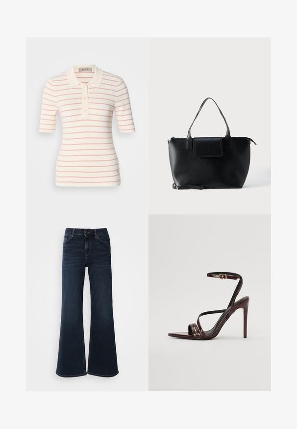 Polo shirt côtelé en crème avec des rayures roses, manches courtes, col festonné et patte de boutonnage à trois boutons. Détail de petit logo à l'ourlet.; Mos Mosh HERA - Jean flare - dark blue; Sandale à talons hauts en cuir verni bourgogne avec une bride de cheville, bout pointu et trois bandes horizontales sur le pied. Détail de boucle dorée.; Sac cabas en cuir noir avec deux poignées, une bandoulière amovible, une fermeture à rabat magnétique et une texture lisse. Fermeture supérieure zippée et surpiqûres décoratives.