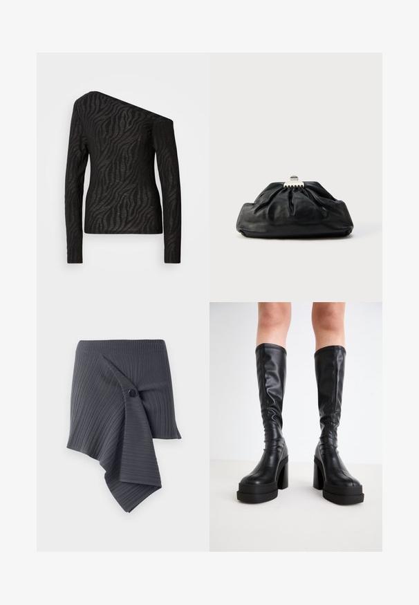 Sort langærmet top med asymmetrisk halsudskæring, der har et zebra-stribemønster og en gennemsigtig tekstur.; Mørkegrå ribbet omslagsskjørt med et snoet design og en rund sort knapaccent. Fremstillet af et struktureret, strækbart materiale.; Sorte knælange støvler i glat læder, med en tyk platform og blokhæle, samt stikninger langs kanterne.; Sort læderclutch med en samlet tekstur, metal lukning og diskret præget logo på forsiden. Rundet form.
