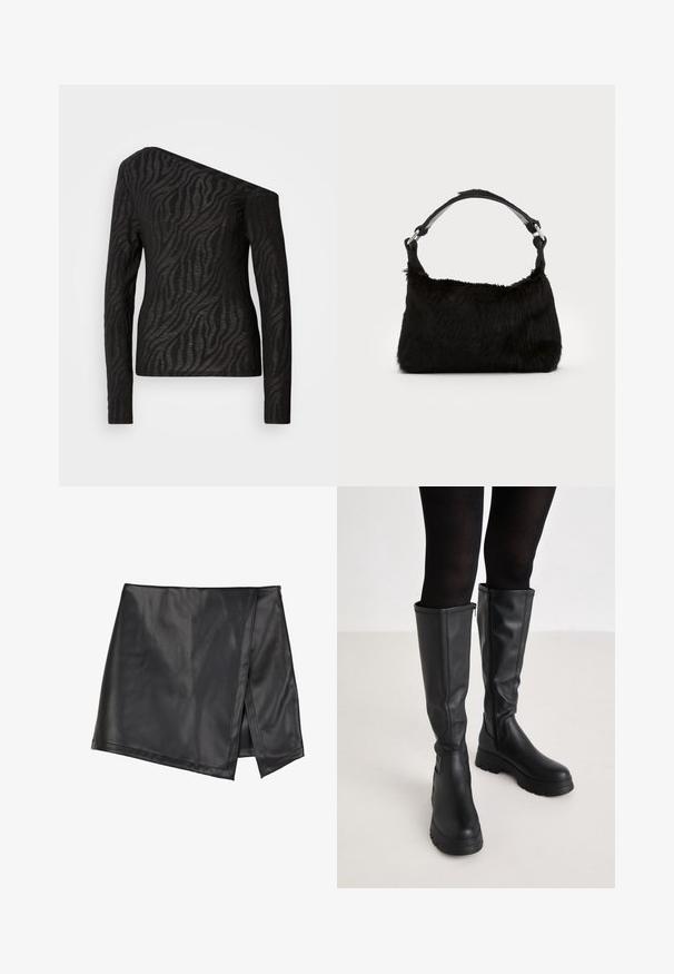 Schwarzes langärmliges Oberteil mit asymmetrischem Ausschnitt, ausgestattet mit einem Zebra-Streifen-Muster und einer durchsichtigen Textur.; Even&Odd by Zalando Minirock - black; Even&Odd by Zalando Plateaustiefel - black; Schwarze Kunstfell-Handtasche mit weicher Textur, runder Form und einem stabilen schwarzen Leder-Schulterriemen. Sichtbare silberne Hardware-Akzente.
