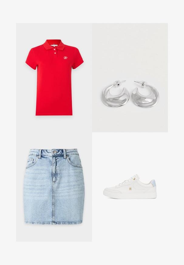 Rotes Polohemd mit kurzen Ärmeln, Kragen, zwei weißen Knöpfen und kleinem weiß gesticktem Logo auf der linken Brust.; Hellblauer Jeans-Minirock mit Frontknopf, Gürtelschlaufen, zwei Vordertaschen und sichtbarer vertikaler Naht in der Mitte.; Weiße Ledersneaker mit glatter Textur, goldenen Akzenten und einer hellblauen Fersenlasche. Verfügt über flache Schnürsenkel und ein abgerundetes Zehendesign.; Ein Paar polierte silberne, halbmondförmige Creolen mit klaren Kunststoffrückseiten auf einer weißen Oberfläche.