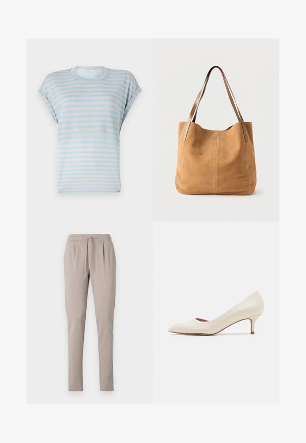 Camiseta de manga corta a rayas en azul claro y rosa pastel, con un corte relajado y tejido suave, cuello redondo y mangas con puños.; Pantalones de chándal beige con cintura ajustable, piernas ajustadas y detalle de pliegues en la parte delantera. Fabricados con un material suave y ligero.; Zapato de tacón bajo beige con punta afilada y un acabado superior suave y brillante. Presenta un sutil corte a lo largo del arco y un tacón delgado y cónico.; Bolso tote de ante color bronceado con largas asas de cuero marrón claro, textura suave y costuras sencillas sobre un fondo blanco liso.