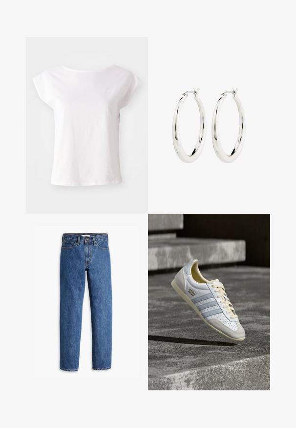 Camiseta corta de manga corta blanca hecha de algodón, con un cuello redondo y un diseño de corte suelto. Incluye un sutil logo en el pecho.; Jeans de denim azul con un corte recto, cinco bolsillos y costuras de contraste. La cinturilla incluye un cierre clásico de botón y cremallera.; Zapatilla blanca y azul claro con perforaciones, cordones beige y suela de goma texturizada. Presenta tres rayas y marca dorada.; Pendientes de aro de plata con un acabado suave y brillante. Forma circular, con un cierre seguro. Diseño sencillo y elegante.