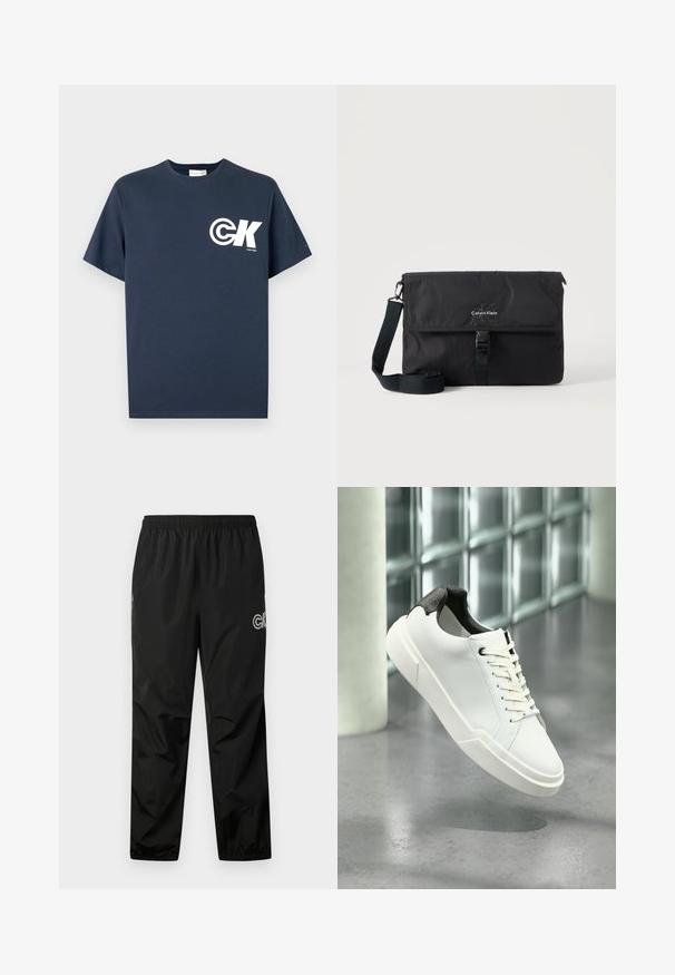 Tumesinine lühikeste varrukatega ümara kaelusega T-särk, millel on valge CK logo ja vasakul rinnal kiri "Calvin Klein".; Kergedest mustad vihmapüksid, mis on valmistatud kergest ja veekindlast materjalist. Omavad elastset vöökohta ja logodetaili külgedel. Sile tekstuur.; Valge madala profiliga toss musta tekstuuriga kontsafiksaatori, valgete paelte ja paksu taldaga, mis seisab poleeritud betoonpõrandal klaasblokite lähedal.; Must Calvin Klein õlakott reguleeritava rihmaga ja esiklapiga, mis on kinnitatud pandlaga, kuvatud ühevärvilise tausta ees.
