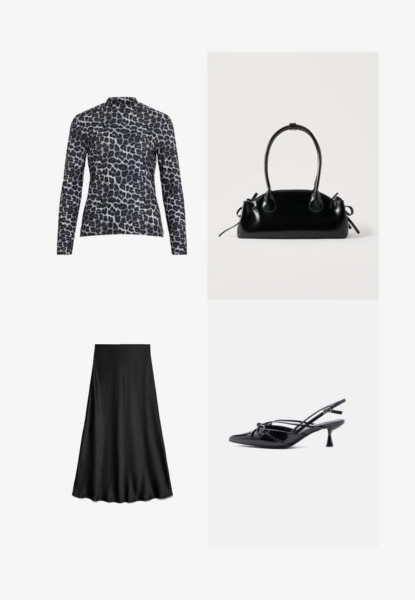 Top de manga larga con cuello alto, fabricado en tejido suave con un estampado de leopardo en negro y gris.; Falda negra de satén en línea A con textura suave y dobladillo fluido, hasta la rodilla, mostrada sobre un fondo blanco.; Zapato de salón slingback de charol negro con punta afilada, tacón bajo tipo kitten, y detalle decorativo de lazo anudado en la parte delantera.; Pequeño bolso negro brillante con dos asas largas y detalles de cordón lateral sobre un fondo claro liso.
