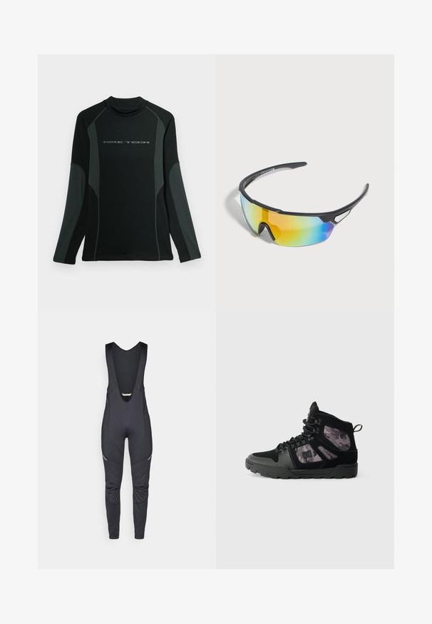 Zwarte shirt met lange mouwen en hoge kraag, gemaakt van textuurstof. Heeft grijze zijpanelen en het "NIKE TECH" logo op de borst.; Vaude MENS MATERA WARM - Lange fietsbroek met bandjes - black; Zwarte hoge sneakers met een gestructureerde grijze zool, voorzien van een camouflagemotief gaaszijpaneel en zwarte suède accenten.; Zwarte sportzonnebril met omvattende, regenbooggetinte glazen en een lichtgewicht montuur, ontworpen voor buitenactiviteiten.