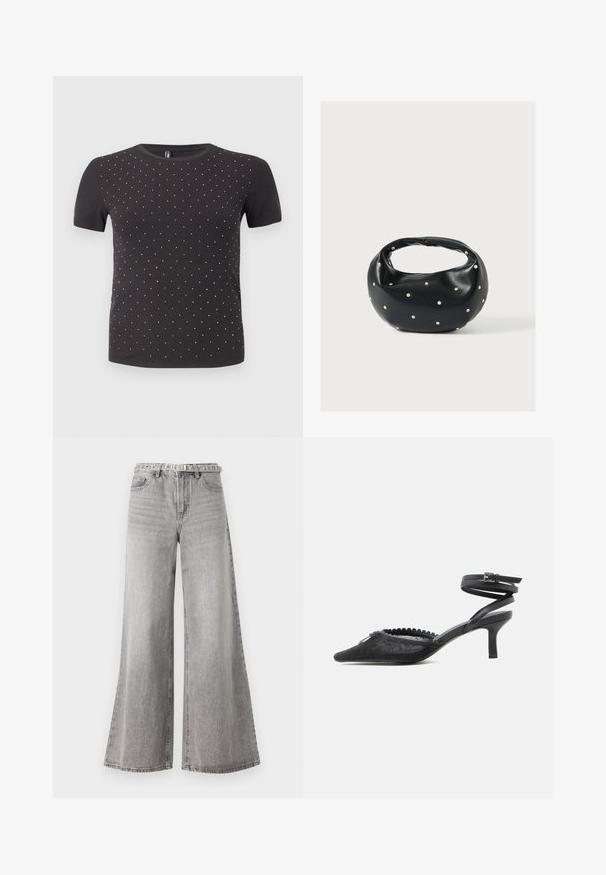 Musthave lühikese varrukaga must T-särk, mis on valmistatud ribakangast ja millel on ees ühtlaselt jaotatud väikesed läikivad kaunistused.; Laiad hallid denim püksid kõrge vöökohaga, klassikalise viie tasku disainiga ja vööl õmmeldud vööga. Struktuuriga kangas.; Mustad terava ninaga kitten kontsakinga pitsist pealiskattega, laineline serv ja ümber pahkluu mähitav rihm pandlaga.; Mustast nahast ümmarguse kujuga käekott, kaunistatud hõbedaste naeladega, lühikese sangaga. Sile tekstuur ja tõmblukuga sulgemine.