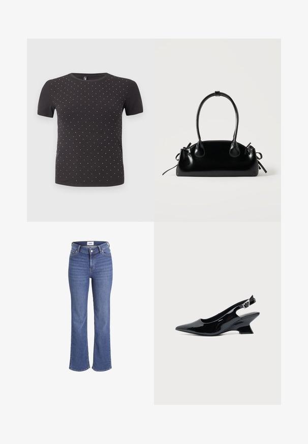 Zwarte kortemouwenshirt gemaakt van ribbelstof, met een patroon van kleine, glanzende versieringen die gelijkmatig over de voorkant zijn verdeeld.; Donkerblauwe denim jeans met een hoge taille, wijdere pijpen en een traditionele vijf-pocketdesign. Heeft zichtbare stiksels en een knoopsluiting aan de voorkant.; Zwarte lakleren slingback schoen met spitse neus en lage schuine blokhak op een effen lichte achtergrond.; Kleine zwarte glanzende handtas met twee lange hengsels en zijkant trekkoord details op een effen lichte achtergrond.