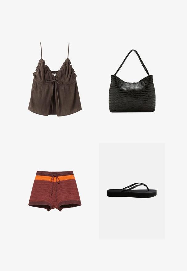 Haut sans manches marron texturé avec fines bretelles, bords festonnés, col en V et fermeture à nouer à l'avant.; Shorts en maille marron avec une bande orange et un cordon à l'avant, conçus pour une tenue décontractée ou de plage.; Tongs en caoutchouc noir avec semelle texturée et bride en forme de Y, vues de côté sur un fond clair uni.; Sac bandoulière en cuir noir tressé avec une lanière unique tressée et une forme douce et rectangulaire arrondie.