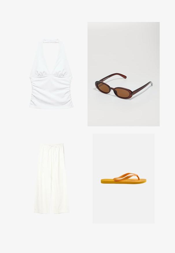 Weißes ärmelloses Neckholder-Top mit tiefem V-Ausschnitt und gerafften Seiten, entworfen für eine figurbetonte Silhouette.; Weiße Hose mit weitem Bein, elastischem Bund und Kordelzug, aus leichtem Stoff.; Gelbe Flip-Flop-Sandale mit strukturierter Sohle und orangen Gummiriemen vor einem schlichten hellgrauen Hintergrund.; Runde, braun getönte Sonnenbrillen mit einem glänzenden burgunderfarbenen Rahmen. Schlanke Bügel mit dezentem Branding. Flaches Linsendesign.