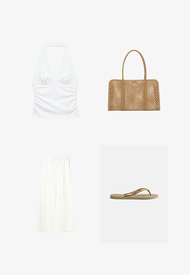 Witte mouwloze haltertop met diepe V-hals en geplooide zijkanten, ontworpen voor een aansluitend silhouet.; Witte wijde broek met elastische tailleband en trekkoord, gemaakt van lichtgewicht stof.; Beige teenslipper met gestructureerde zool en bronzen metalen Y-vormige banden op een witte effen achtergrond.; Rechthoekige lichtbruine geweven handtas met twee lange, gladde handvatten en een open rasterpatroon over het gehele lichaam van de tas.