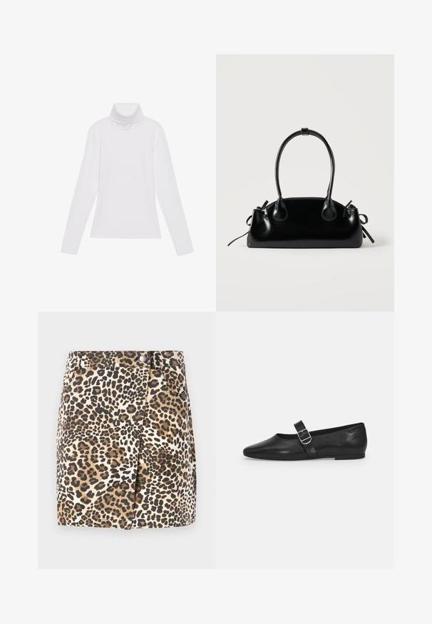 Witte lange mouw turtleneck top gemaakt van glad, elastisch materiaal. Voorzien van een hoge kraag en een getailleerd ontwerp, zonder zichtbare patronen of versieringen.; JDY JDYRAY Short - Minirok - pumice stone; Zwarte leren platte schoen met een ronde neus, een enkele verstelbare gespsluiting en een gladde, glanzende textuur. Minimalistisch ontwerp met een lage hak.; Kleine zwarte glanzende handtas met twee lange hengsels en zijkant trekkoord details op een effen lichte achtergrond.