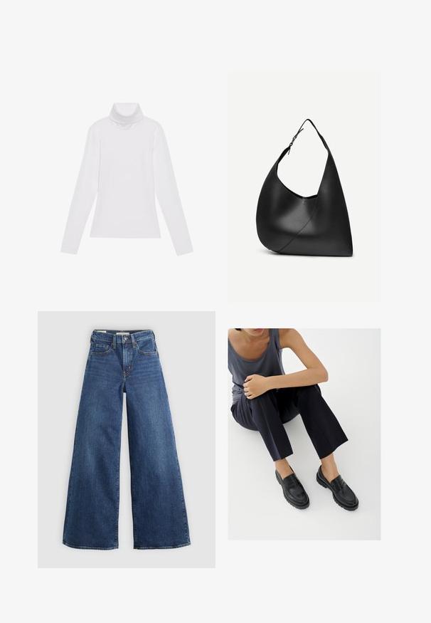 Haut à col roulé à manches longues blanc, fabriqué en tissu lisse et extensible. Il présente un col haut et une coupe ajustée, sans motifs ni embellissements visibles.; Jean en denim bleu à jambes larges avec cinq poches, une fermeture à bouton et des coutures contrastées, offrant une finition douce et texturée.; Mocassins en cuir noir avec accents texturés, talon bas, bout arrondi, et coutures visibles. Modèle portant un pantalon sombre et un haut gris.; Sac à épaule en cuir noir avec forme triangulaire incurvée, une seule sangle ajustable, et une couture diagonale visible à l'avant.