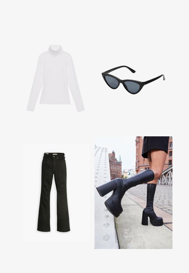 Weißes Langarm-Turtleneck-Oberteil aus glattem, elastischem Stoff. Mit hohem Kragen und tailliertem Schnitt, ohne sichtbare Muster oder Verzierungen.; Schwarze Schlagjeans aus Denim. Verfügt über ein klassisches Fünf-Taschen-Design mit Reißverschluss, robuster Naht und sauberem Saum.; Schwarze knöchelhohe Plateaustiefel aus glattem Leder, mit dicken quadratischen Absätzen und einem eleganten Design, vor einer Stadtkulisse.; Schwarze Cat-Eye-Sonnenbrille mit dunkelgrauen Gläsern, schlankem Kunststoffrahmen, spitzen Ecken und geraden Bügeln. Keine sichtbaren Befestigungen oder Akzente.