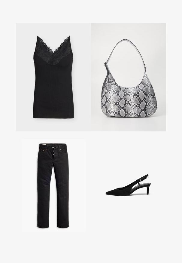 Zwarte geribbelde cami met kanten rand bij de V-hals, mouwloos ontwerp en een getailleerd silhouet tegen een effen achtergrond.; Zwarte denim jeans met een rechte snit, vijf-pocket ontwerp en een knoopsluiting. Beschikt over koperen klinknagels en stikselaccenten.; Zwarte suède slingback schoen met een puntige neus, lage hak, open zijkant en verstelbare band met een metalen gespsluiting. Glad textuur.; Zwart-witte slangenprint schoudertas met een afgeronde vorm, een gladde textuur en een ronde strap. Voorzien van een zilveren hardwareaccent.