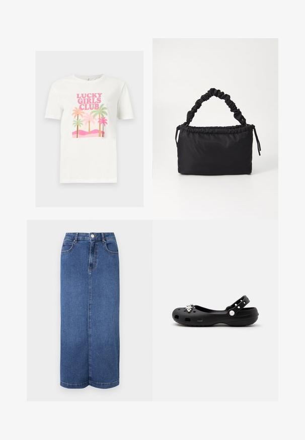 Weißes T-Shirt mit kurzen Ärmeln und pinkem Schriftzug „LUCKY GIRLS CLUB“ über pastellfarbenen Palmen und einem pinken Hügeldesign auf der Vorderseite.; Maxi-Rock aus Denim in Dunkelblau, mit geradem Schnitt, Bund mit Knopfverschluss und minimalistischen Nähten.; Schwarzer Gummiclog mit Fersenriemen und dekorativen weißen perlenähnlichen Perlen oben, gezeigt vor einem schlichten, hellen Hintergrund.; Schwarze Tasche aus weichem, glattem Stoff. Verfügt über einen gerafften Griff und einen Kordelzugverschluss, hat eine rechteckige Form und keine sichtbaren Beschläge.