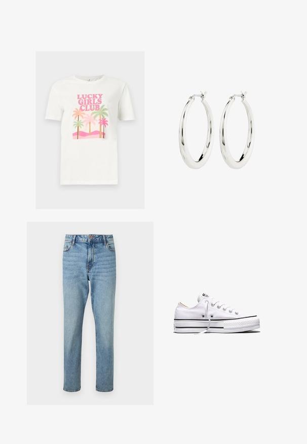 Weißes T-Shirt mit kurzen Ärmeln und pinkem Schriftzug „LUCKY GIRLS CLUB“ über pastellfarbenen Palmen und einem pinken Hügeldesign auf der Vorderseite.; Hellblaue, hoch taillierte Jeans mit geradem Bein, vorne mit Knopf- und Reißverschluss, vorderen Taschen und dezenten ausgewaschenen Details.; Weißer Canvas-Sneaker in niedriger Ausführung mit weißen Schnürsenkeln, schwarzen Streifen an der Sohle und gummiertem, strukturiertem Zehenschutz, Seitenansicht vor weißem Hintergrund.; Silberne Creolen mit einer glatten, glänzenden Oberfläche. Kreisform, ausgestattet mit einem sicheren Verschluss. Einfaches und elegantes Design.