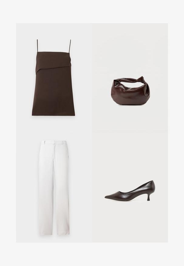 Robe mini marron foncé sans manches avec fines bretelles spaghetti et encolure droite avec détail de tissu superposé.; Pantalons blancs à coupe droite, en tissu lisse. Dotés de poches latérales et d'une taille épurée. Look minimaliste et neutre.; Escarpin en cuir marron foncé à bout pointu avec petit talon incurvé sur fond blanc.; Sac bandoulière en cuir marron foncé avec une forme souple et décontractée et une anse nouée torsadée sur un fond blanc uni.