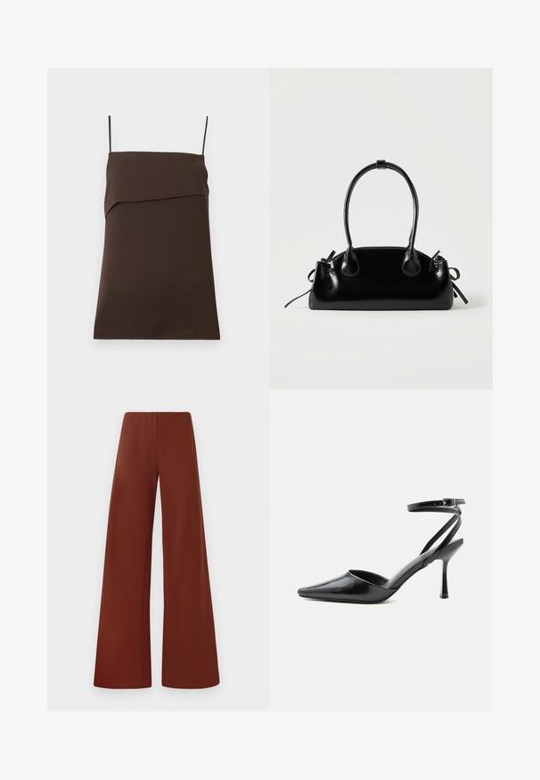 Robe mini marron foncé sans manches avec fines bretelles spaghetti et encolure droite avec détail de tissu superposé.; Pantalons larges en tissu lisse d'une couleur brun profond et riche. Présentent une taille haute et des lignes épurées sans fermetures visibles.; Escarpin noir à bout pointu avec fines brides de cheville et fermeture à boucle argentée sur fond clair uni.; Petit sac à main noir brillant avec deux longues anses et des détails à cordon sur les côtés sur un fond clair uni.