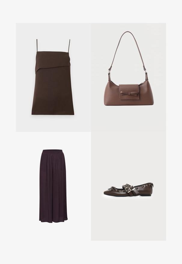 Robe mini marron foncé sans manches avec fines bretelles spaghetti et encolure droite avec détail de tissu superposé.; Pantalons larges en tissu léger, de couleur violet foncé. Dotés d'une taille élastique et d'un design fluide avec une texture lisse.; Chaussure plate en cuir marron foncé avec bout pointu, doubles brides à boucles argentées, œillets métalliques et nœud décoratif à l'avant.; Sac à bandoulière en cuir marron avec une poche à rabat avant ornée d'un détail en forme de nœud cousu et une sangle réglable.