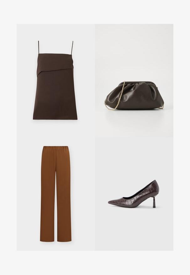 Robe mini marron foncé sans manches avec fines bretelles spaghetti et encolure droite avec détail de tissu superposé.; Pantalon marron à coupe ample avec taille élastique et jambes droites, présenté sur un fond clair uni.; Escarpins à bout pointu en similicuir marron avec une texture crocodile, dotés d’un talon fin et angulaire ainsi que d’une doublure intérieure lisse.; Sac à main en cuir marron avec un design froncé, une bandoulière en chaîne dorée et une finition douce et texturée. Sa forme compacte est idéale pour une utilisation en soirée.