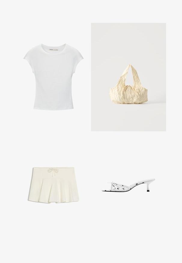 T-shirt en coton blanc avec manches courtes retroussées, encolure ronde et ourlet droit. Texture lisse sans motifs ni accents visibles.; Mini-jupe plissée blanche avec une taille à cordon et un tissu doux et structuré, posée à plat sur un fond blanc.; Sandale blanche à talon avec des pois noirs, bout ouvert, fines brides et un petit nœud à l'avant, vue de profil.; Sac à main en tissu texturé couleur crème avec des anses sur le dessus et un petit nœud noué au centre devant.