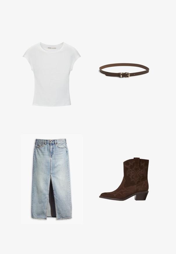 Hvid bomuld t-shirt med korte, opsmøgede ærmer, rund halsudskæring og lige kant. Glat tekstur uden synlige mønstre eller detaljer.; Lyseblå denimnederdel med slids foran, fem lommers design og knaplukning. Har et falmet stof og rå kantdetaljer.; Brune ruskinds cowboystøvle med spids tå, dekorative syninger, ankelhøjde og en stablet hæl. Har en pull tab for nem påtagning.; Brunt læderbælte med spænde i guldmetal, en glat tekstur og fem justeringshuller til størrelse. Simpelt, klassisk design.
