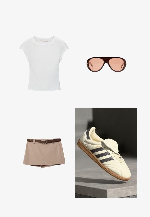 T-shirt en coton blanc avec manches courtes retroussées, encolure ronde et ourlet droit. Texture lisse sans motifs ni accents visibles.; Mini-jupe beige taille haute avec poches latérales et ceinture en daim marron avec boucle ovale argentée.; Baskets en cuir crème avec trois bandes sombres, une semelle extérieure en gomme marron et un bout arrondi. Présentent une languette pliable étiquetée "SAMBA."; Lunettes aviator surdimensionnées marron avec des verres teintés rose et de petits rivets dorés aux bords avant de la monture.