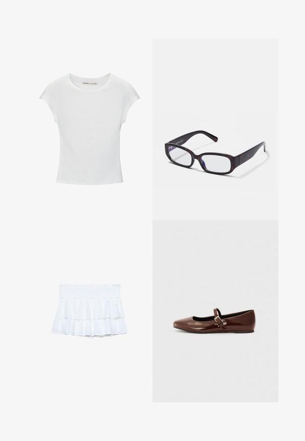 Witte katoenen T-shirt met korte, opgerolde mouwen, een ronde halslijn en een rechte zoom. Gladde textuur zonder zichtbare patronen of accenten.; Witte gerimpelde shorts met een elastische tailleband, voorzien van gelaagd stof en subtiele textuurdetails. Lichtgewicht en casual ontwerp.; Bruine gepatineerde leren balletschoen met een vierkante neus en een bandje met een kleine gouden gesp. Gladde textuur, lage hak en minimalistisch ontwerp.; Bruine schildpadvormige rechthoekige bril met heldere glazen en slanke poten, met een gladde textuur en een minimalistisch ontwerp.