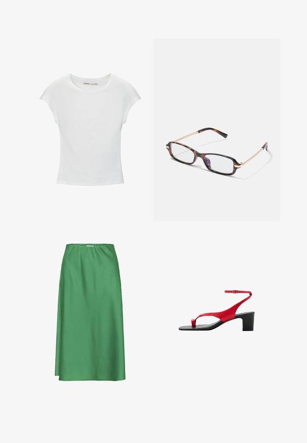 T-shirt en coton blanc avec manches courtes retroussées, encolure ronde et ourlet droit. Texture lisse sans motifs ni accents visibles.; Jupe en satin vert avec une ceinture élastique, de longueur mi-longue, texture lisse, et un design simple et fluide sans motifs ni accents visibles.; Sandale à talon en cuir rouge avec boucle pour l’orteil, bride de cheville avec boucle, semelle noire et talon bloc.; Lunettes rectangulaires avec une monture en plastique écaille de tortue, des accents en métal couleur or et des verres transparents. Branches effilées avec une courbe subtile.