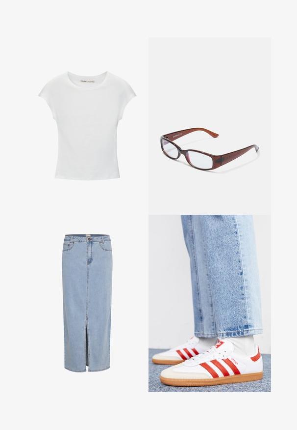 Weißes Baumwoll-T-Shirt mit kurzen, aufgerollten Ärmeln, rundem Ausschnitt und geradem Saum. Glatte Textur ohne sichtbare Muster oder Akzente.; Hellblaue Denim-Rock, knielang, mit einem Schlitz vorne, Gürtelschlaufen und einem metallischen Knopfverschluss mit kontrastierenden Nähten.; Weiße Leder Sneaker mit roten Streifen und Akzenten. Verfügt über eine strukturierte Gummi-Laufsohle und einen gepolsterten Schaft. Tragen mit hellblauer Jeans.; Braun getönte rechteckige Brille mit glänzender Oberfläche, schlanken Bügeln und transparenten Gläsern. Logo auf dem linken Bügel sichtbar.
