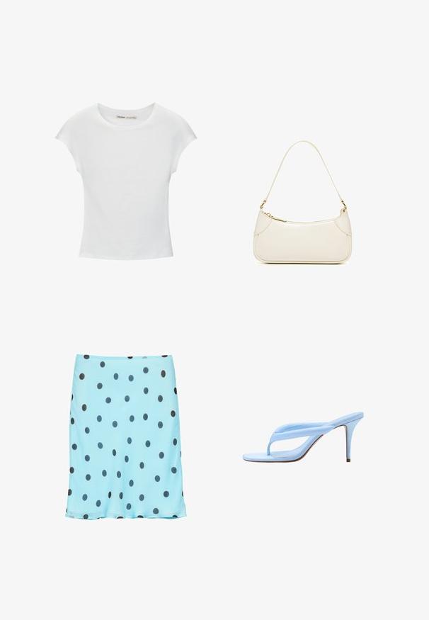 Witte katoenen T-shirt met korte, opgerolde mouwen, een ronde halslijn en een rechte zoom. Gladde textuur zonder zichtbare patronen of accenten.; Lichtblauwe knielange rok met gelijkmatig verdeelde grote zwarte polkadotten en een licht uitlopende zoom.; Lichtblauwe hooggehakte sandaal met dunne zool, gevoerde teenslipperband en stijve stilettohak, zijaanzicht op witte achtergrond.; Kleine crèmekleurige leren schoudertas met gebogen bovenrits en enkele band, minimalistisch ontwerp met goudkleurige hardware-accenten.