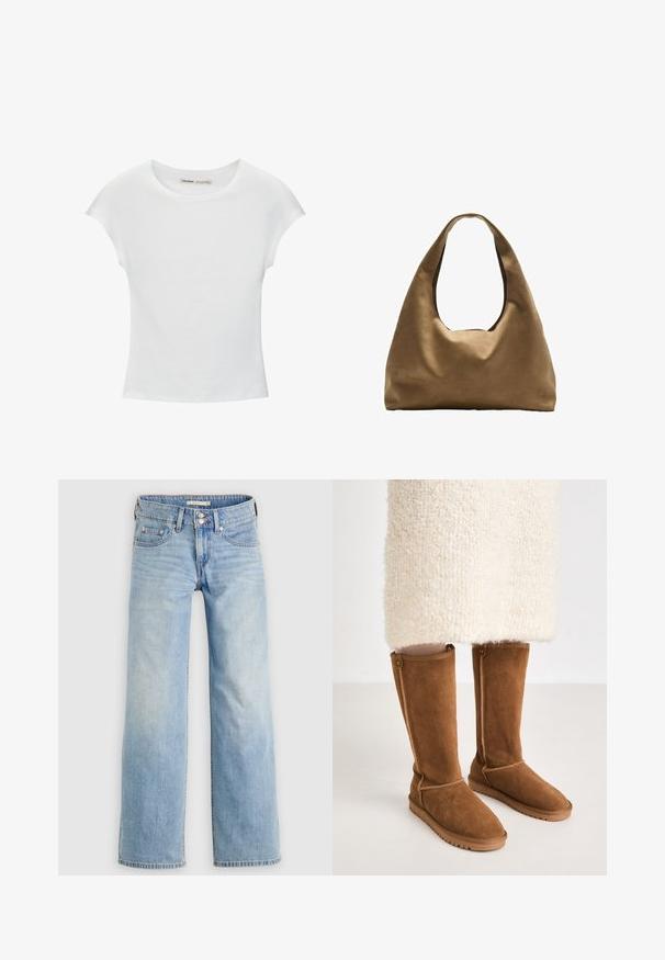 Witte katoenen T-shirt met korte, opgerolde mouwen, een ronde halslijn en een rechte zoom. Gladde textuur zonder zichtbare patronen of accenten.; Lichtblauwe wijde jeans van denim, met knoopsluiting, achterzakken en een licht vervaagde wassing voor een casual uitstraling.; Knee-high bruine suède laarzen met een gladde textuur, voorzien van zijstiksels en een rubberen zool voor grip.; Bruine stoffen schoudertas met een brede, ronde vorm en een grote uitsnede handvat. Zachte textuur, minimalistisch ontwerp en geen zichtbare hardware.