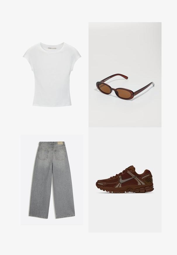 Witte katoenen T-shirt met korte, opgerolde mouwen, een ronde halslijn en een rechte zoom. Gladde textuur zonder zichtbare patronen of accenten.; Grijze wijde denim jeans met achterkant met twee zakken en riemlussen plat op een witte achtergrond gelegd.; Bruine Nike hardloopschoen met meshpanelen, rubberen zool en reflecterend swoosh-logo aan de zijkant, weergegeven in rechterprofielweergave.; Ronde, bruin getinte zonnebril met een glanzend bordeauxrood frame. Slanke pootjes met subtiele merkdetails. Vlakke lensontwerp.