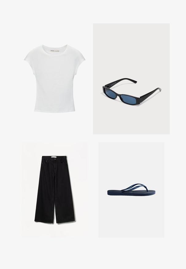 Hvid bomuld t-shirt med korte, opsmøgede ærmer, rund halsudskæring og lige kant. Glat tekstur uden synlige mønstre eller detaljer.; Sorte bredbenede jeans lavet af denim. Har en høj talje, for- og baglommer samt sølvfarvet hardware på knap- og lynlåslukningen.; Marineblå gummiflip-flop med tekstureret sål og Y-formede stropper, isoleret på ensartet lysegrå baggrund.; Sorte solbriller med en slank rektangulær ramme og blå linser. Har en glat overflade og robuste stænger. Mærkets logo på siden.