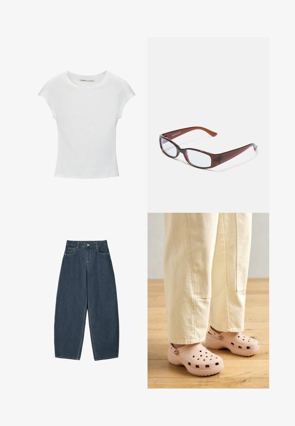 Witte katoenen T-shirt met korte, opgerolde mouwen, een ronde halslijn en een rechte zoom. Gladde textuur zonder zichtbare patronen of accenten.; Donkerblauwe denim wijde broek met hoge taille, voorzien van vijf zakken en zichtbare stikseldetails. Schoon, minimaal ontwerp.; Lichtroze klompen van rubber, met ventilatiegaten, een gevormde pasvorm en een geprofileerde zool voor grip. Draagt in combinatie met lichtbeige broek.; Bruin getinte rechthoekige brillen met een glanzende afwerking, met slanke pootjes en doorzichtige glazen. Logo zichtbaar op de linkertempel.