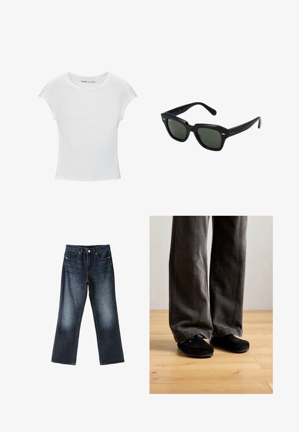 T-shirt en coton blanc avec manches courtes retroussées, encolure ronde et ourlet droit. Texture lisse sans motifs ni accents visibles.; Jean en denim bleu foncé à jambes droites avec poches avant, passants de ceinture et fermeture par bouton, présenté sur fond blanc uni.; Une personne portant un pantalon gris foncé ample et des chaussures noires sans lacets se tient sur un sol en bois clair contre un mur uni.; Lunettes de soleil carrées noires avec des verres vert foncé, présentant des montures audacieuses et des accents argentés sur les côtés. Fabriquées en Italie.