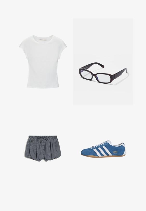 Hvid bomuld t-shirt med korte, opsmøgede ærmer, rund halsudskæring og lige kant. Glat tekstur uden synlige mønstre eller detaljer.; Navyblå og hvide ternede shorts med elastik i taljen og snøre foran, vist på en hvid baggrund.; Blå ruskinds sneakers med hvide læderstriber, med rund tå, gummisål og guld "adidas TOKYO" branding på siden.; Brune skildpadde-rektangulære briller med klare linser og slanke arme, der viser en glat tekstur og minimalistisk design.